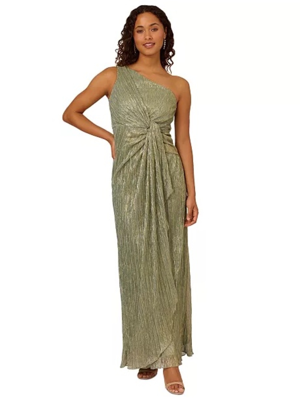 Adrianna Papell Stardust Pleated One Shoulder Draped Gown Green Size 8 NWT